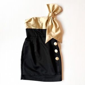 Betsey Johnson one shoulder bow colorblock black satin mini dress size 4
